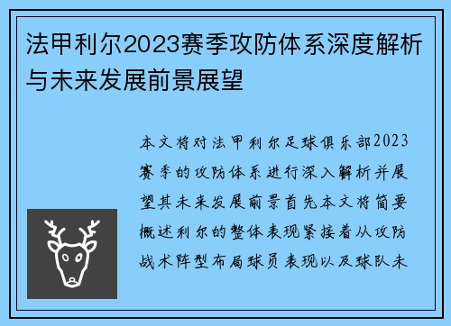 法甲利尔2023赛季攻防体系深度解析与未来发展前景展望