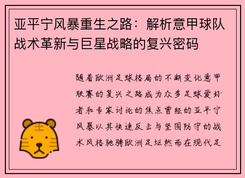 亚平宁风暴重生之路：解析意甲球队战术革新与巨星战略的复兴密码