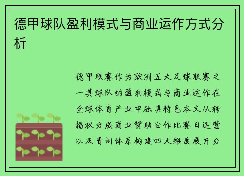 德甲球队盈利模式与商业运作方式分析